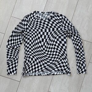 Black and White Checkered Mesh Long Sleeve Shirt